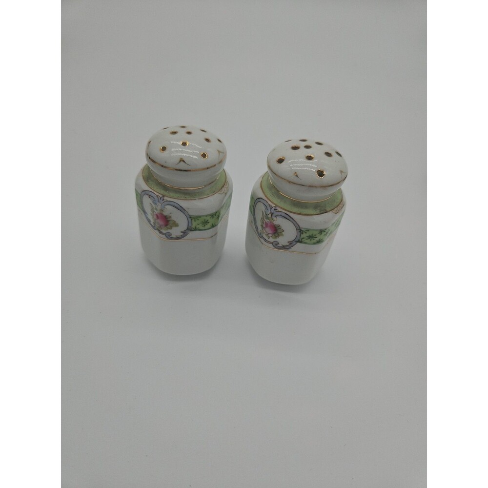 Vintage White NIPPON Salt & Pepper Shakers Hand-Painted Pink/Green Flowers